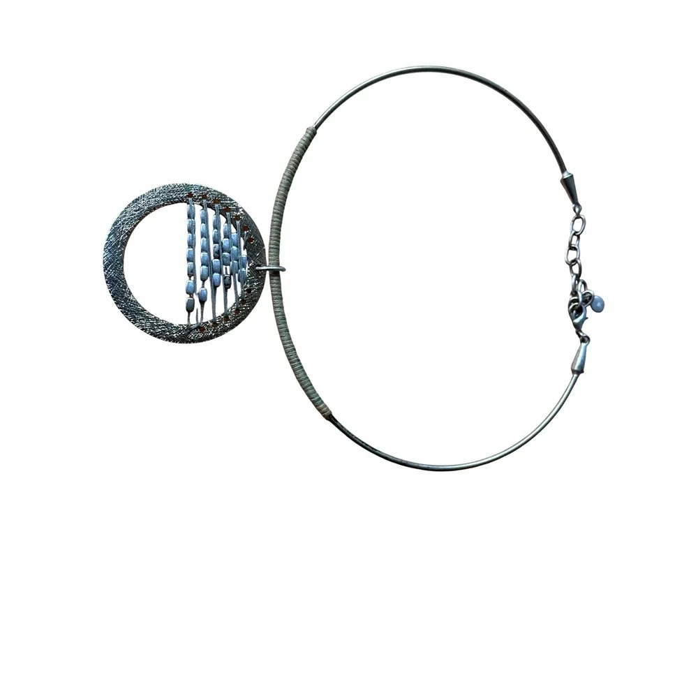 C1946 Mixed Metal Torque Choker Necklace Gold‎ Silver Tone Beaded Circle Pendant